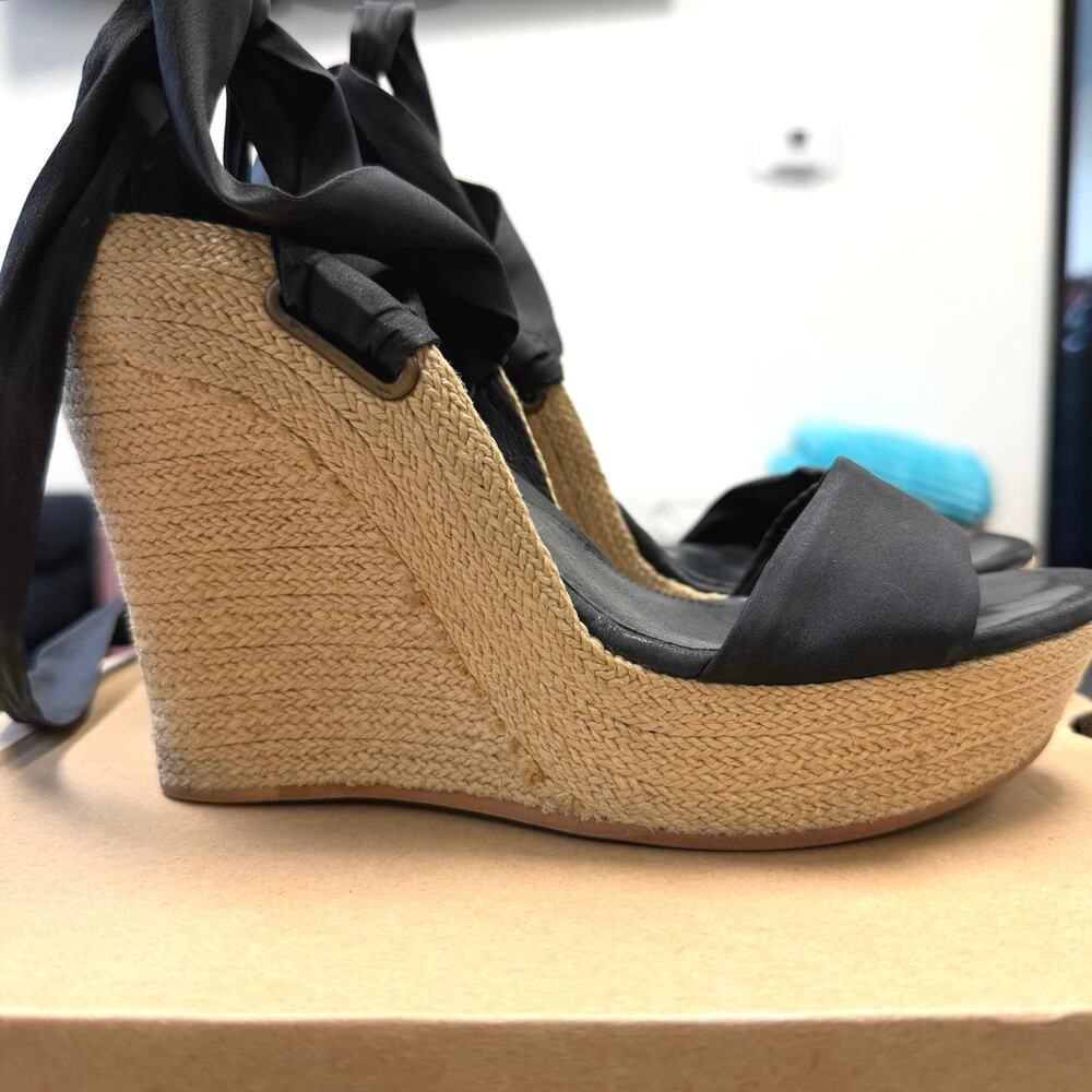 UGG Jules Platform Wedge Espadrilles Black Canvas Ankle Tie Ribbon Heels Women 6